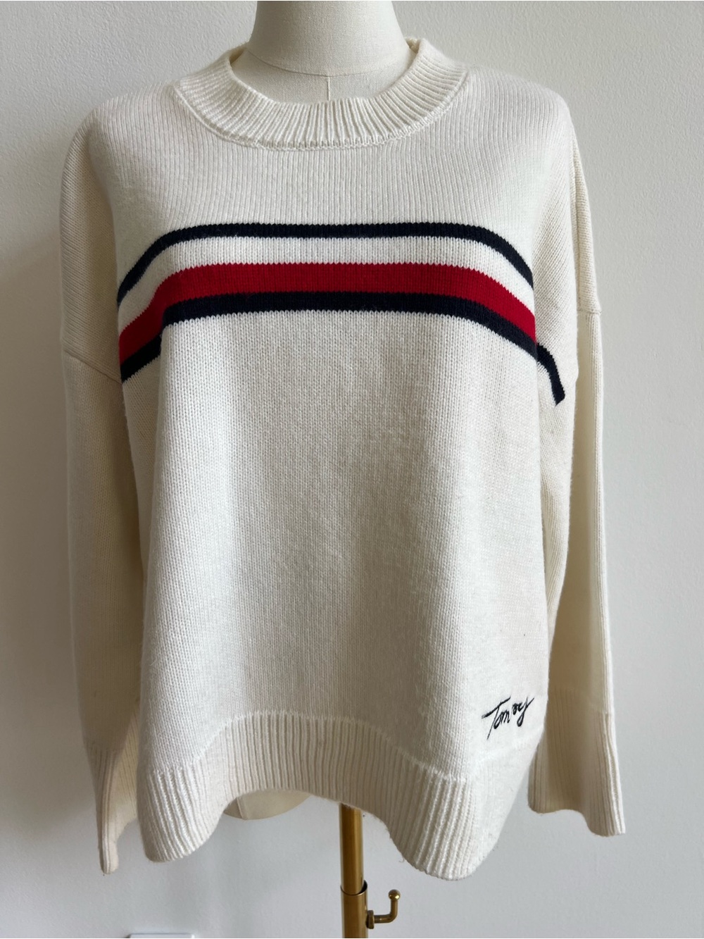 Tommy Hilfiger Women’s Large Ivory Striped Crewneck Sweater Script Logo Preppy